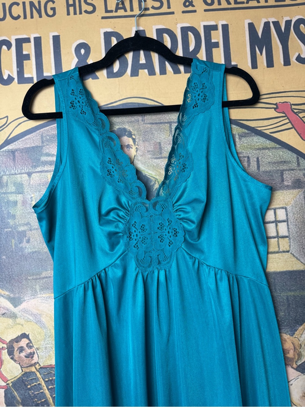 Vintage Teal Lace Trim Nylon Slip Maxi Dress